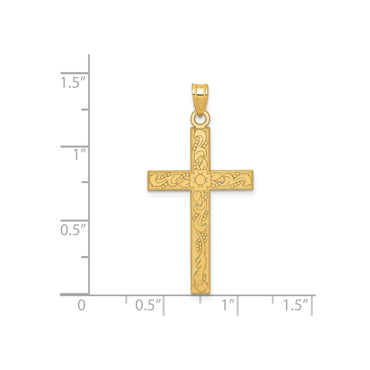 14k Yellow Gold Cross Pendant with Vine Engraving, Floral and Sunburst Design for Women