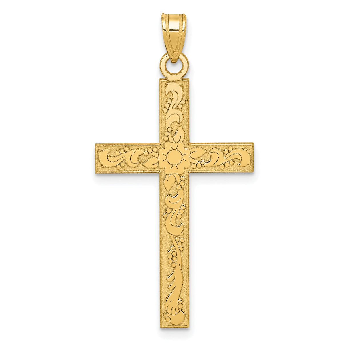 14k Yellow Gold Cross Pendant with Vine Engraving, Floral and Sunburst Design for Women