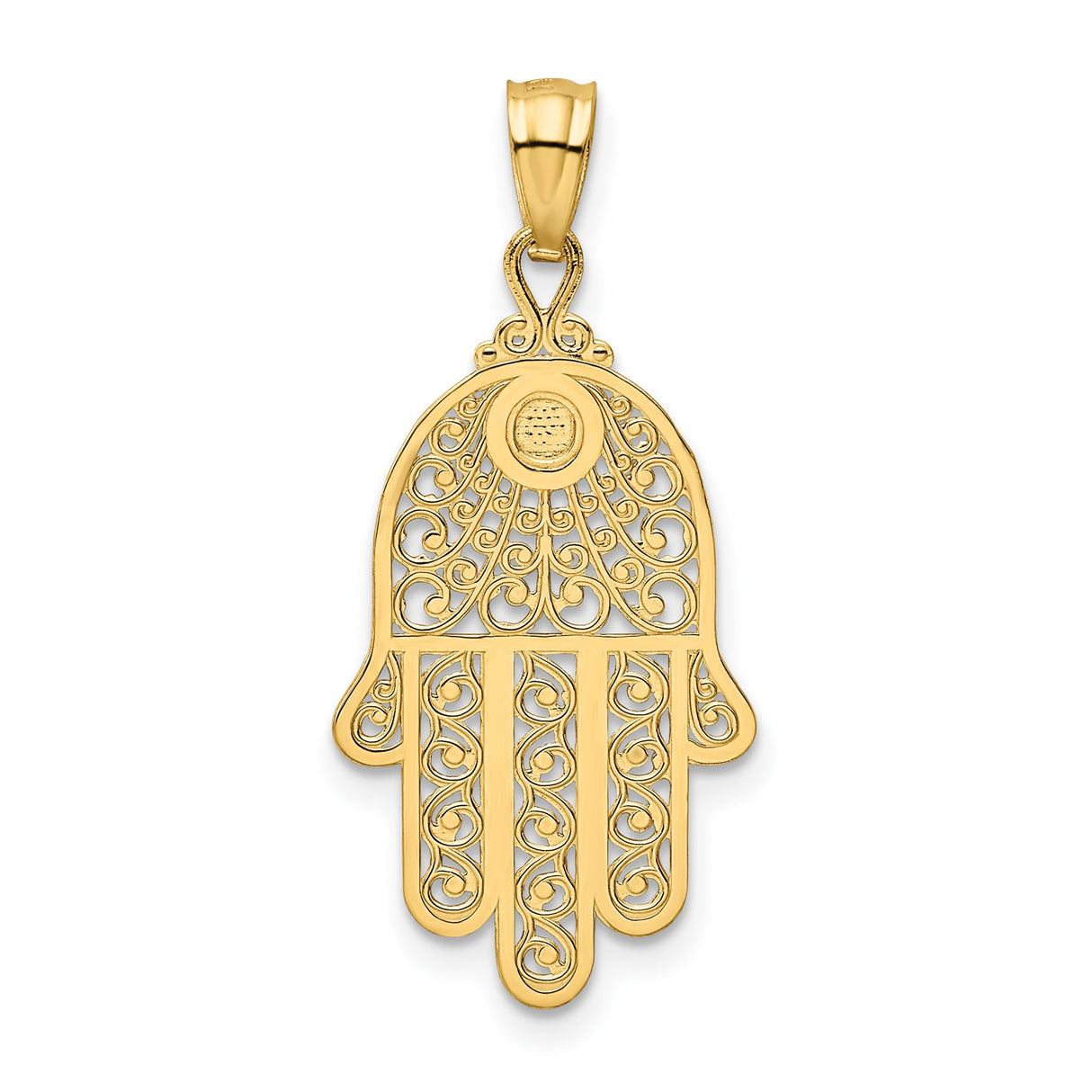 14k Yellow Gold Hamsa Hand Pendant with Filigree Sunburst Design, Spiritual Talisman Charm