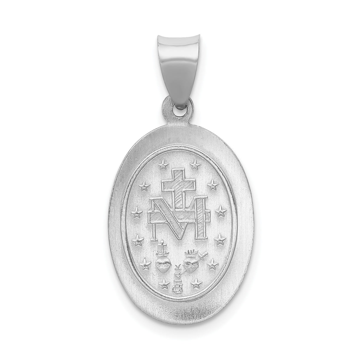 14k White Gold Miraculous Medal Pendant Featuring Virgin Mary and Inscription