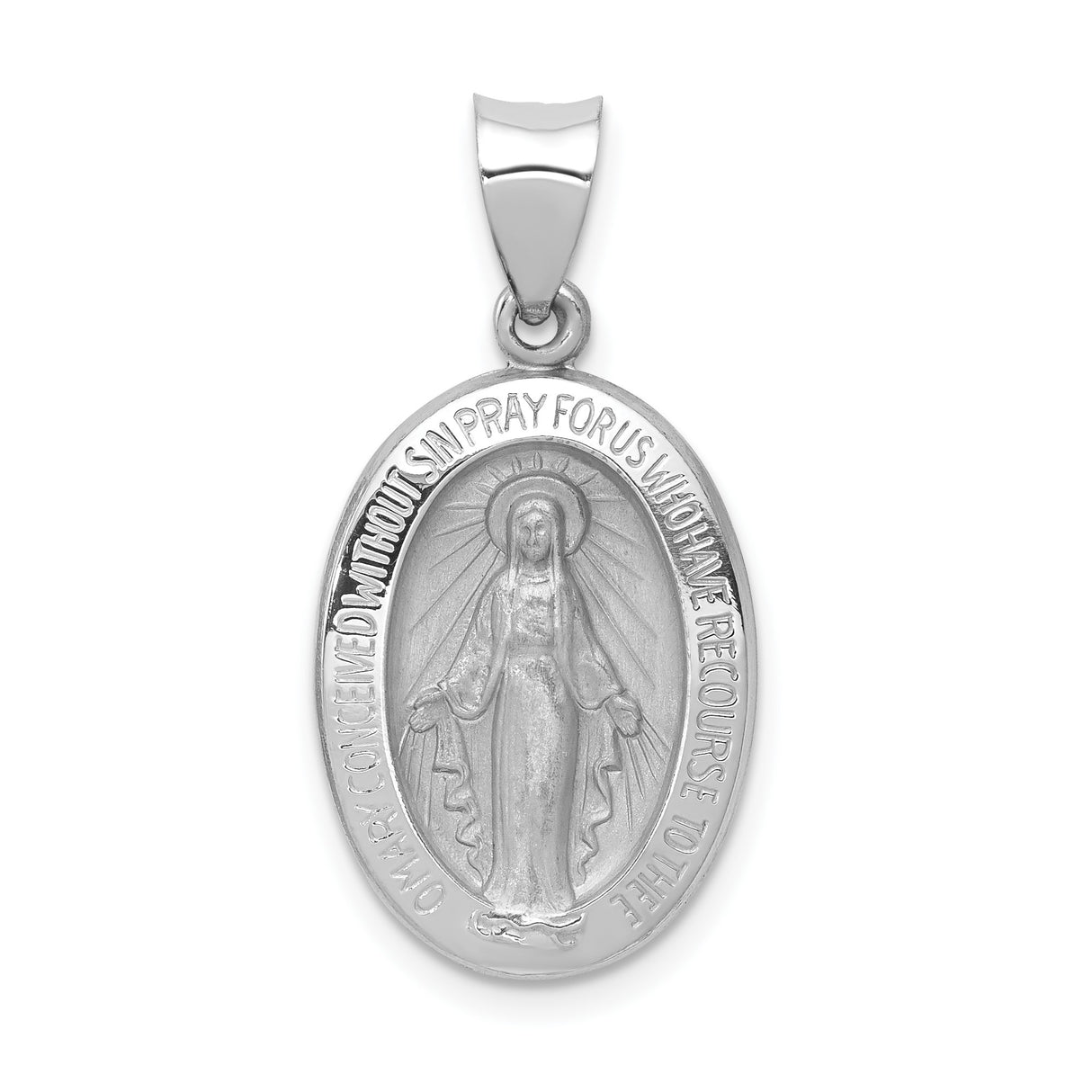 14k White Gold Miraculous Medal Pendant Featuring Virgin Mary and Inscription