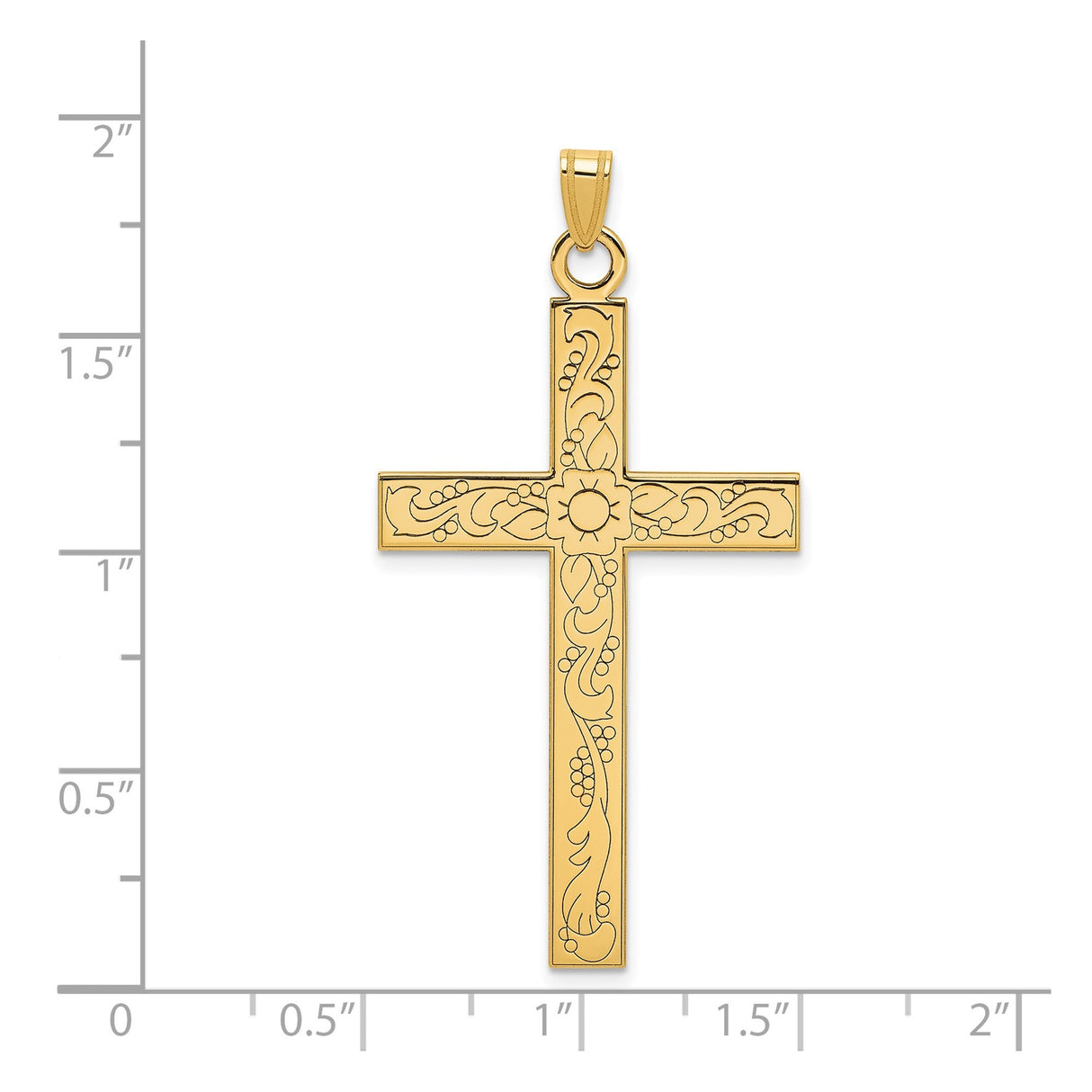 14k Yellow Gold Cross Pendant with Floral Vine Details and Sunburst Motif