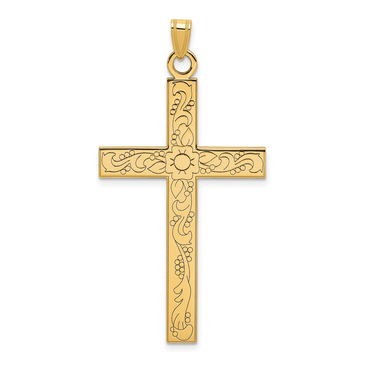 14k Yellow Gold Cross Pendant with Floral Vine Details and Sunburst Motif