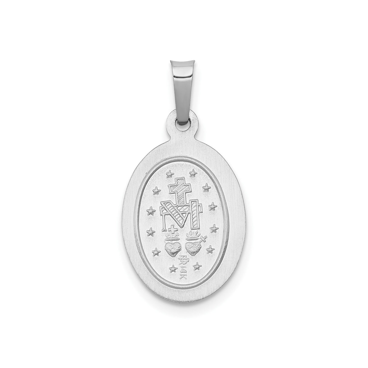 14k White Gold Miraculous Medal Pendant with Virgin Mary and Prayer Text Charm