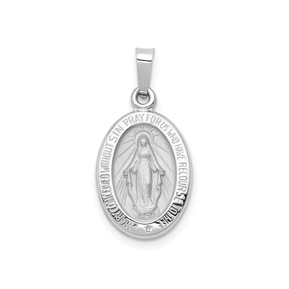 14k White Gold Miraculous Medal Pendant with Virgin Mary and Prayer Text Charm