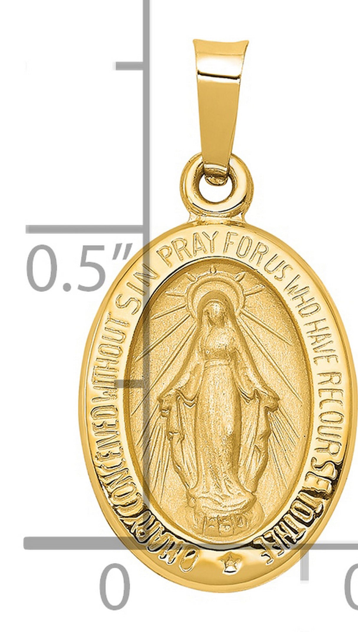 14k Yellow Gold Miraculous Medal Pendant Featuring Virgin Mary with Inscription