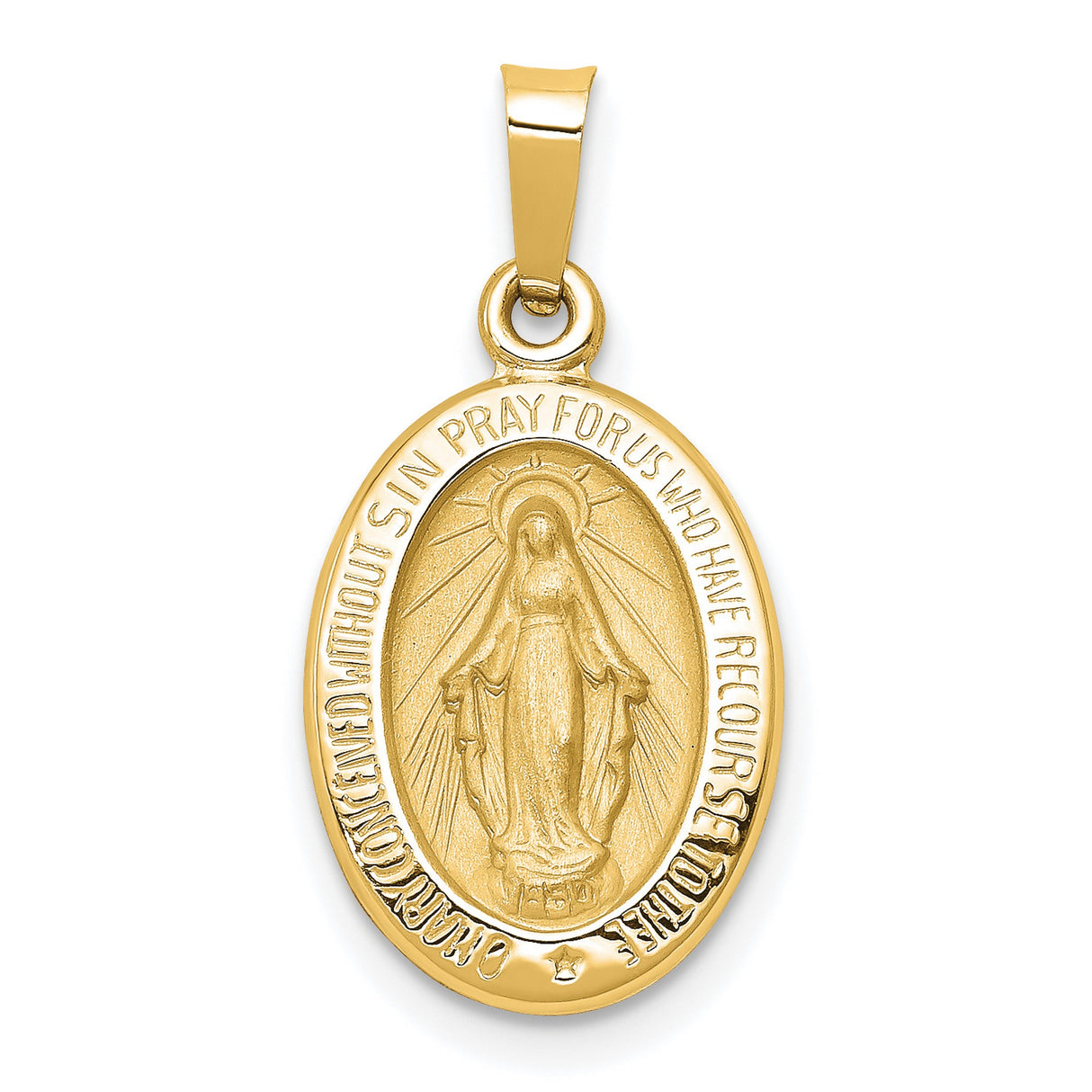 14k Yellow Gold Miraculous Medal Pendant Featuring Virgin Mary with Inscription