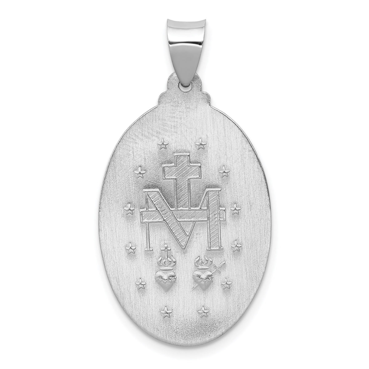 14k White Gold Miraculous Medal Pendant with Virgin Mary Inscription