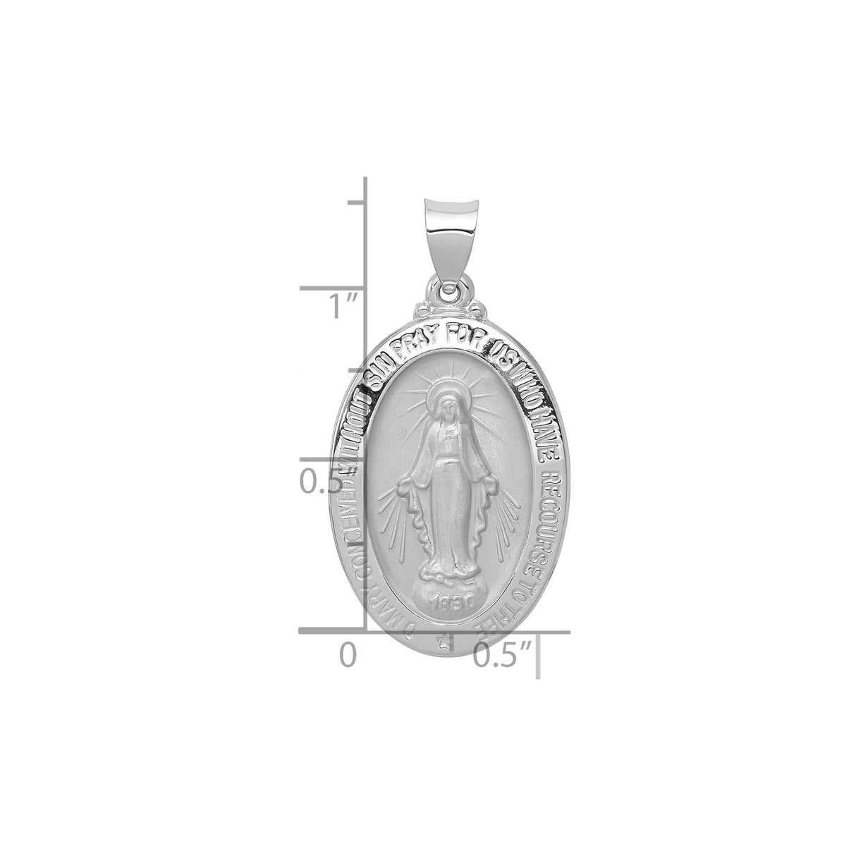 14k White Gold Miraculous Medal Pendant with Virgin Mary Inscription