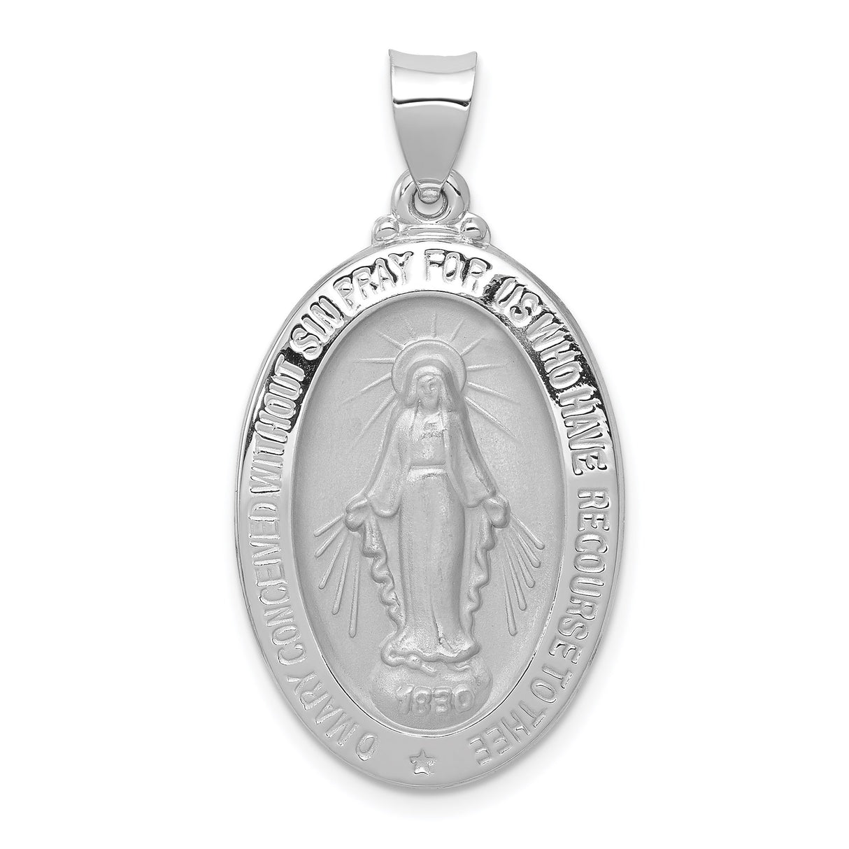 14k White Gold Miraculous Medal Pendant with Virgin Mary Inscription