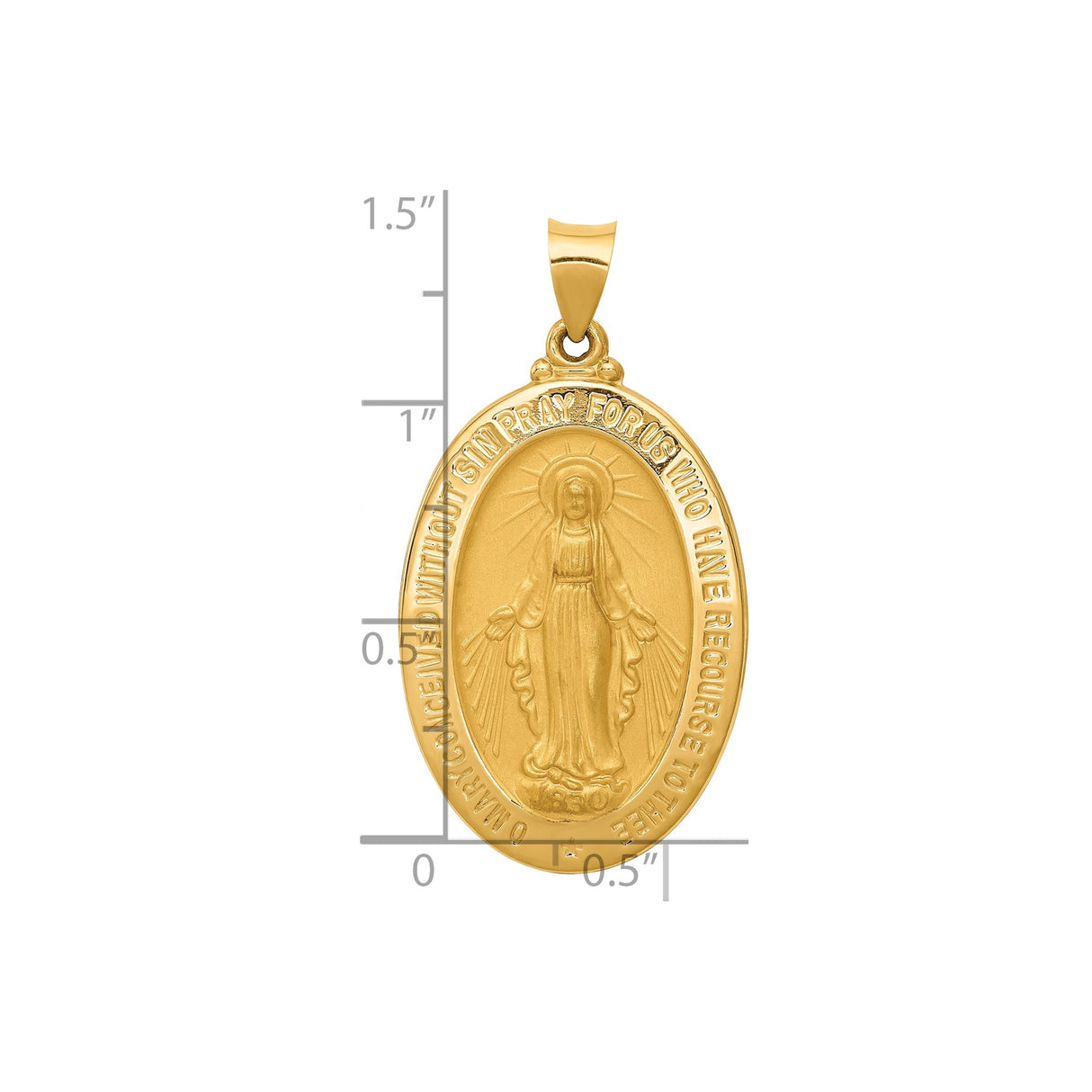 14k Yellow Gold Miraculous Medal Pendant Featuring Virgin Mary and O Mary Inscription