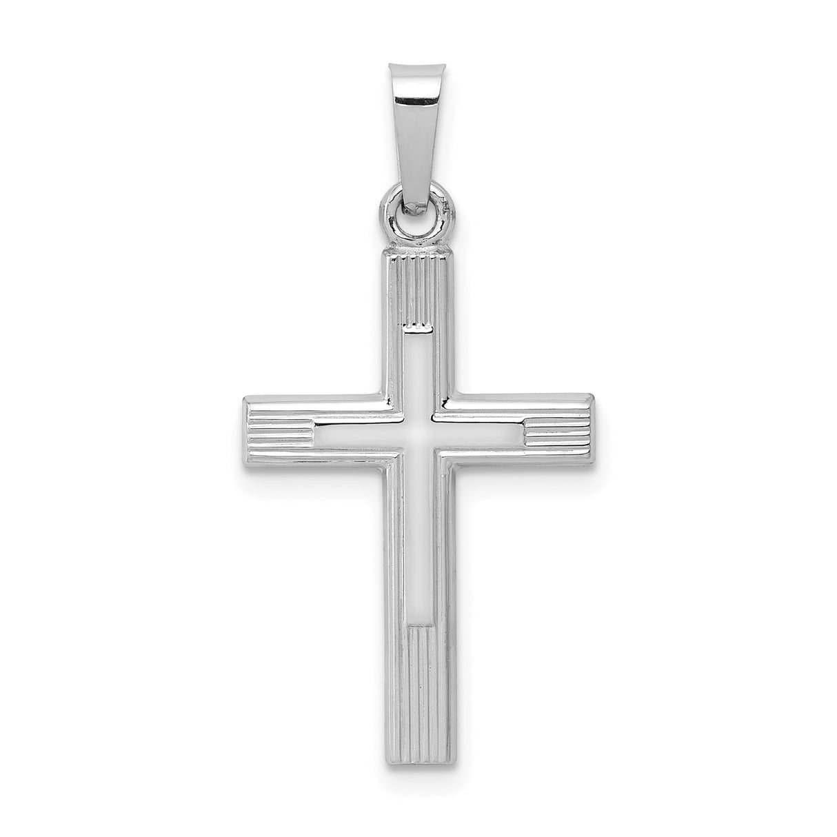 14k White Gold Cross Pendant with Polished and Etched Detailing, Christian Charm for Women or Unisex Wear