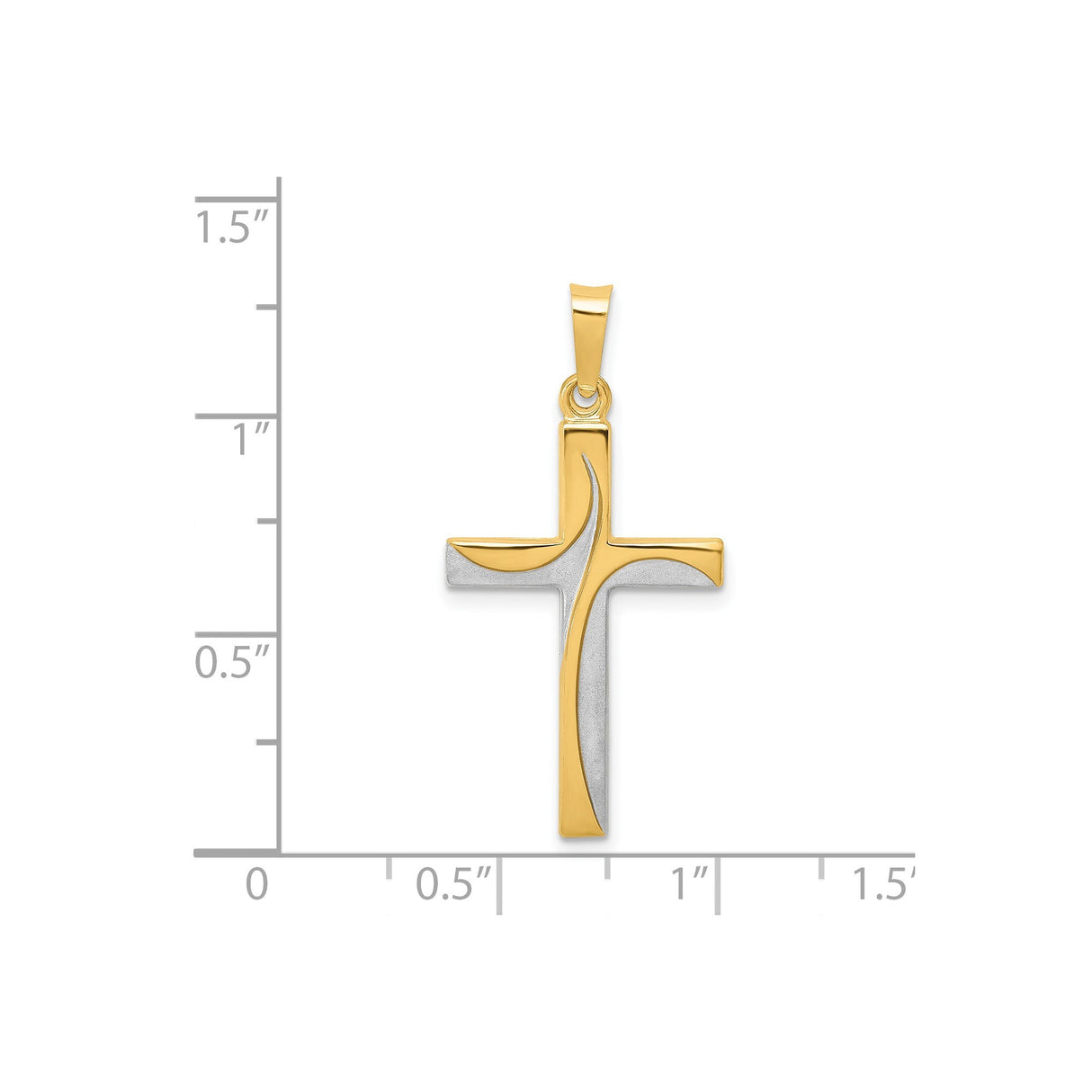 14k Yellow Gold and Rhodium Cross Pendant, Curved Modern Design, Polished and Satin Finish