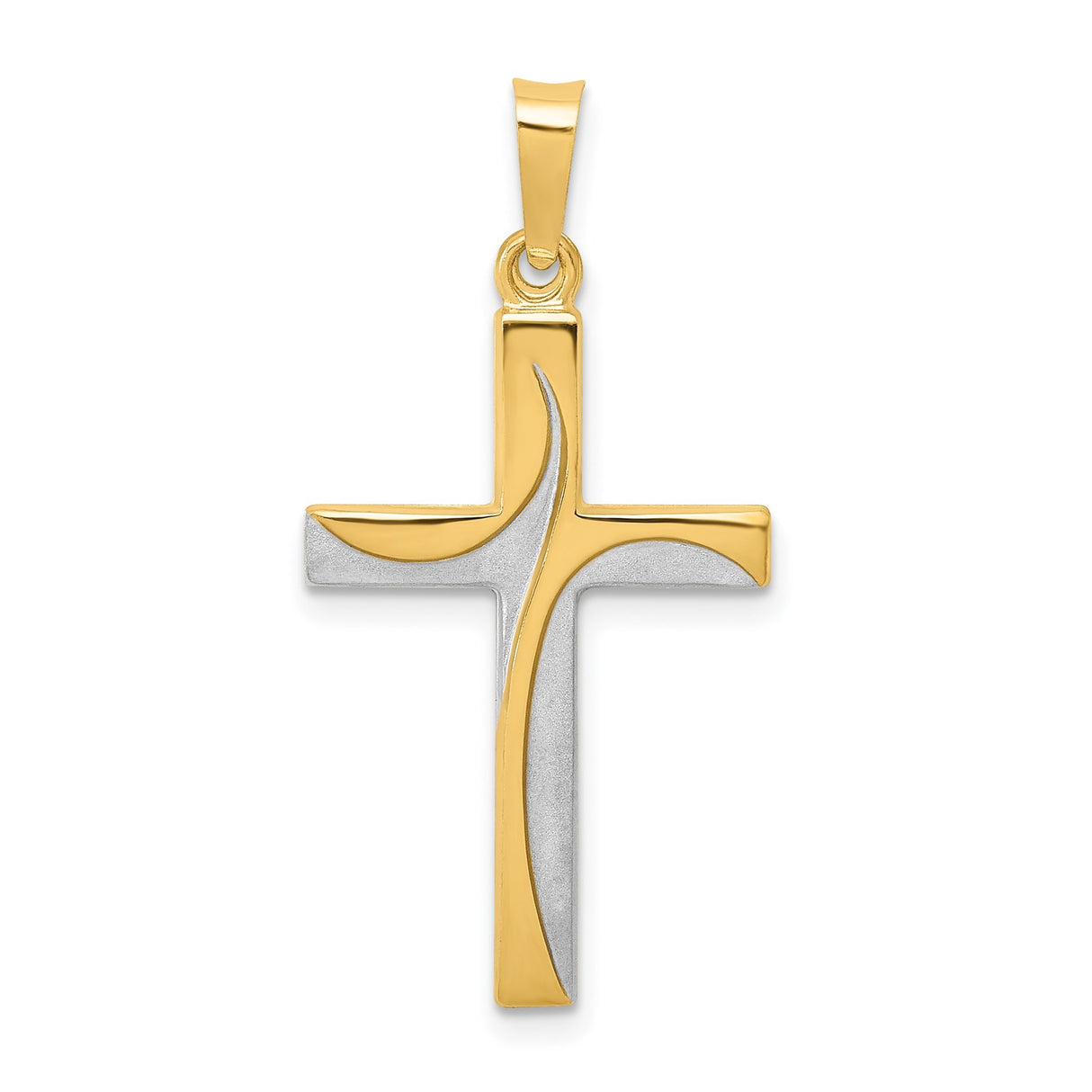 14k Yellow Gold and Rhodium Cross Pendant, Curved Modern Design, Polished and Satin Finish