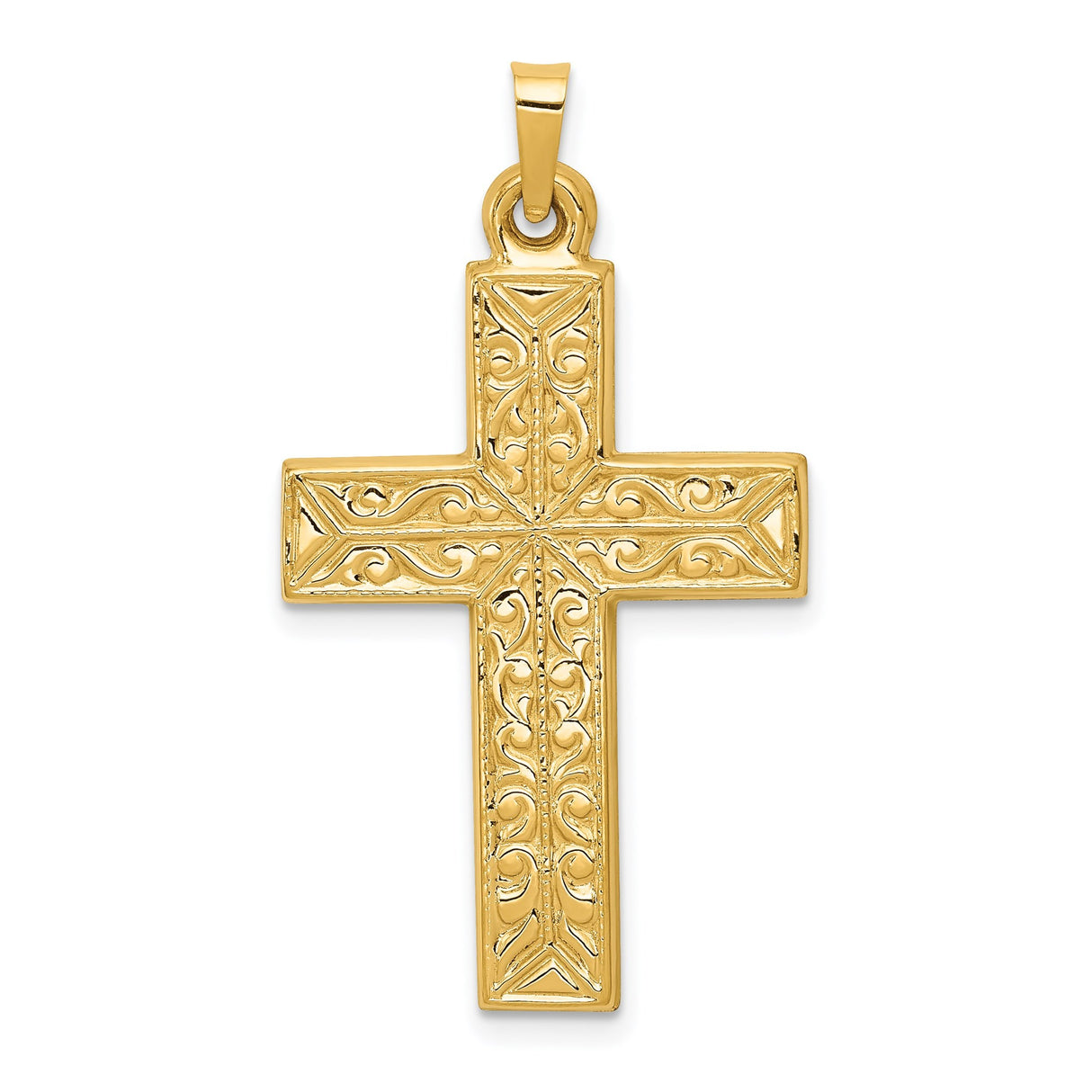 14k Yellow Gold Cross Pendant with Ornate Scrollwork Design, Latin Style Charm