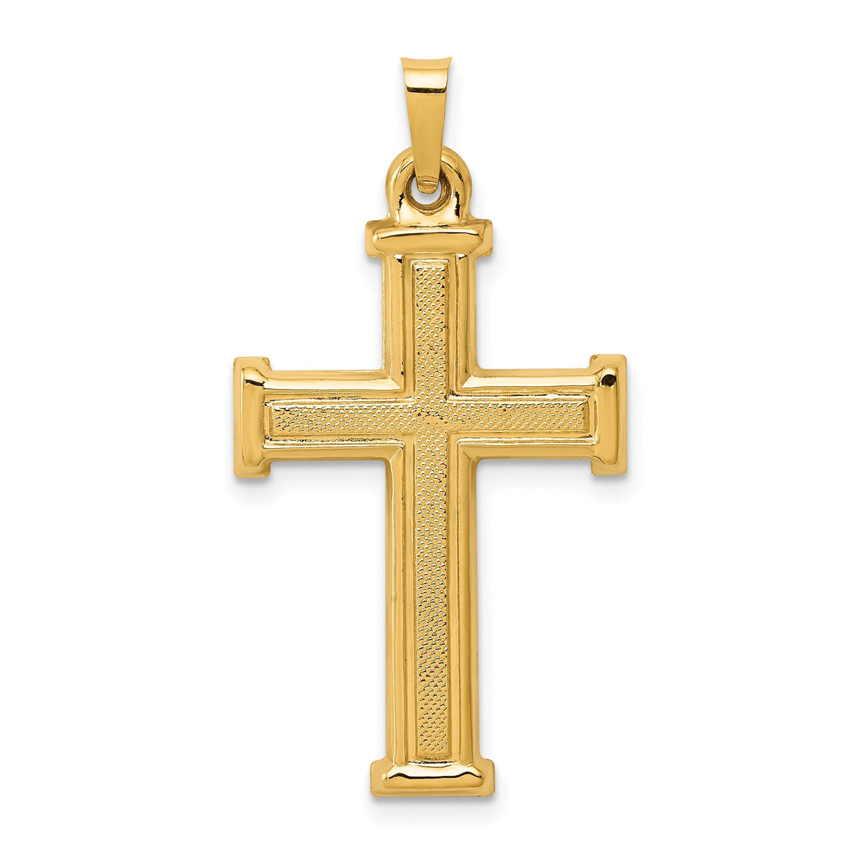 14k Yellow Gold Cross Pendant with Textured Center and Polished Edges, Christian Charm
