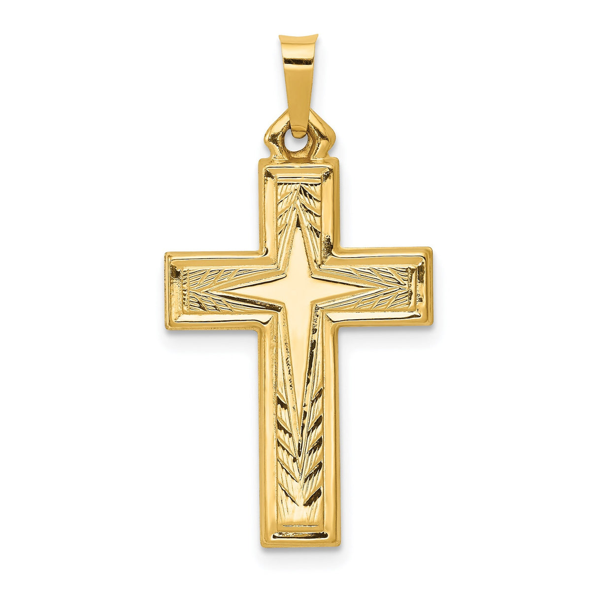 14k Yellow Gold Cross Pendant with Polished Finish and Leaf Engraving, Christian Religious Charm