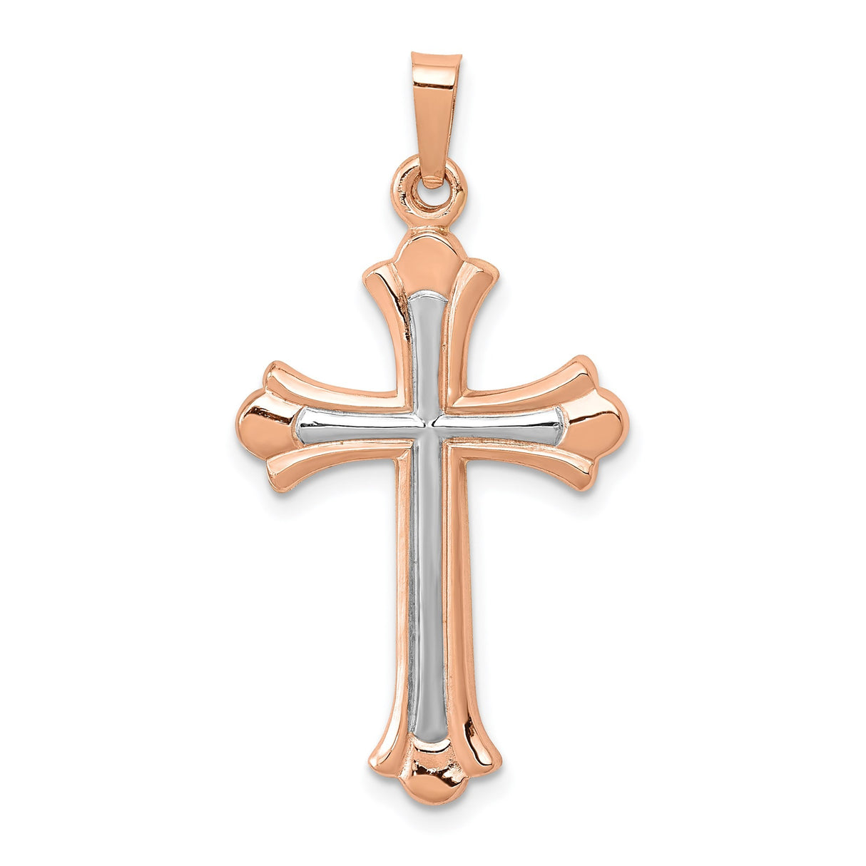 14k Rose Gold Flared Fleur De Lis Cross Pendant, Two Tone Christian Jewelry for Women