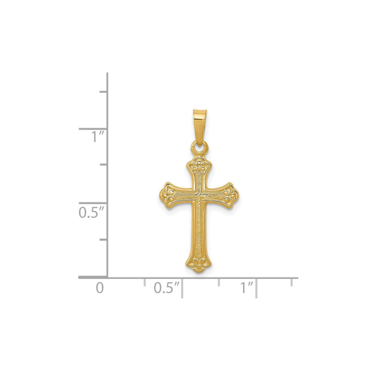 14k Yellow Gold Cross Pendant with Scroll Detailing, Etched and Polished Finish, Christian Jewelry