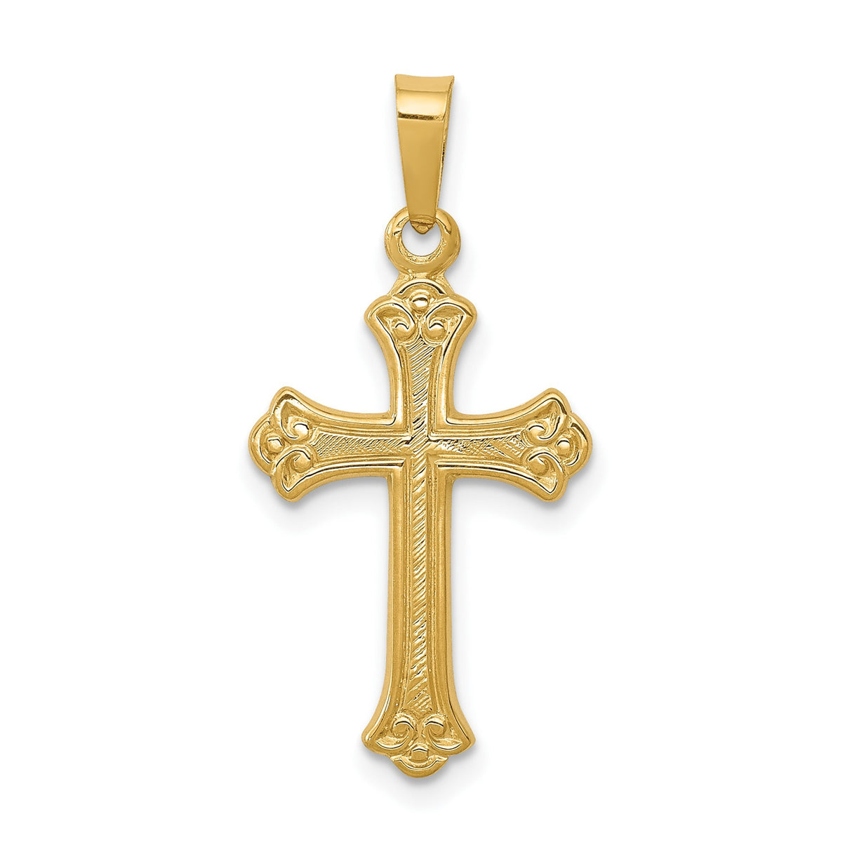 14k Yellow Gold Cross Pendant with Scroll Detailing, Etched and Polished Finish, Christian Jewelry