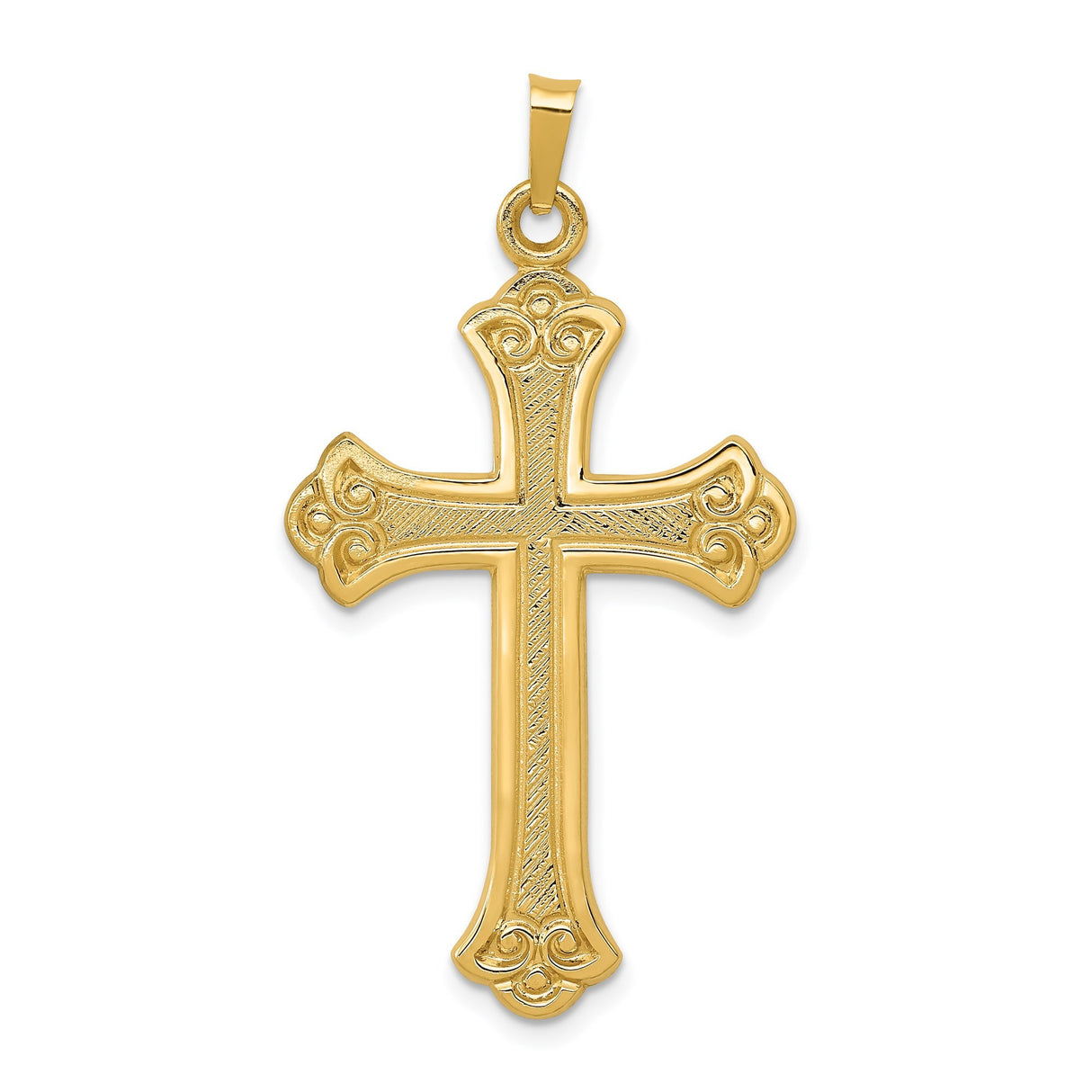14k Yellow Gold Cross Pendant with Scroll Detailing and Textured Finish