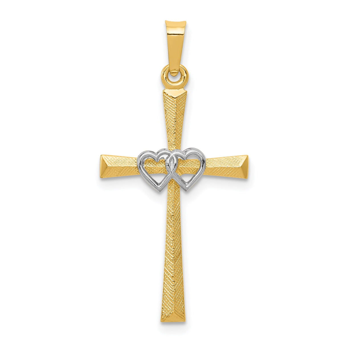 14k Two-Tone Gold Cross Pendant with Interlocking Hearts and Faith & Love Design