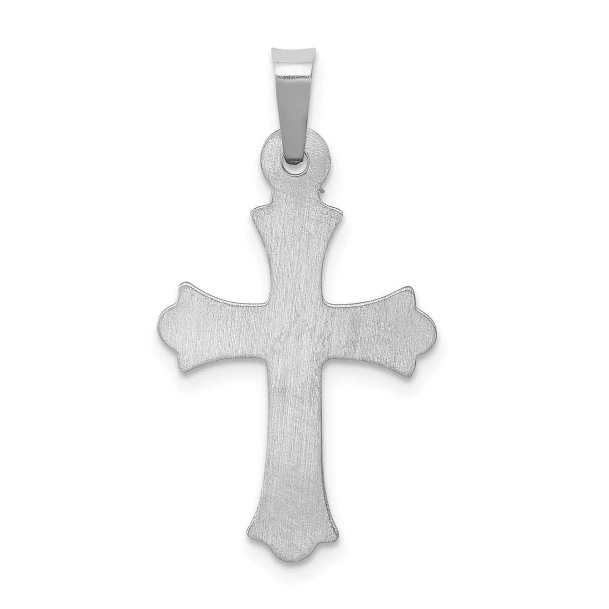 14k White Gold Cross Pendant with Textured Center and Fleur Detailing for Women or Unisex