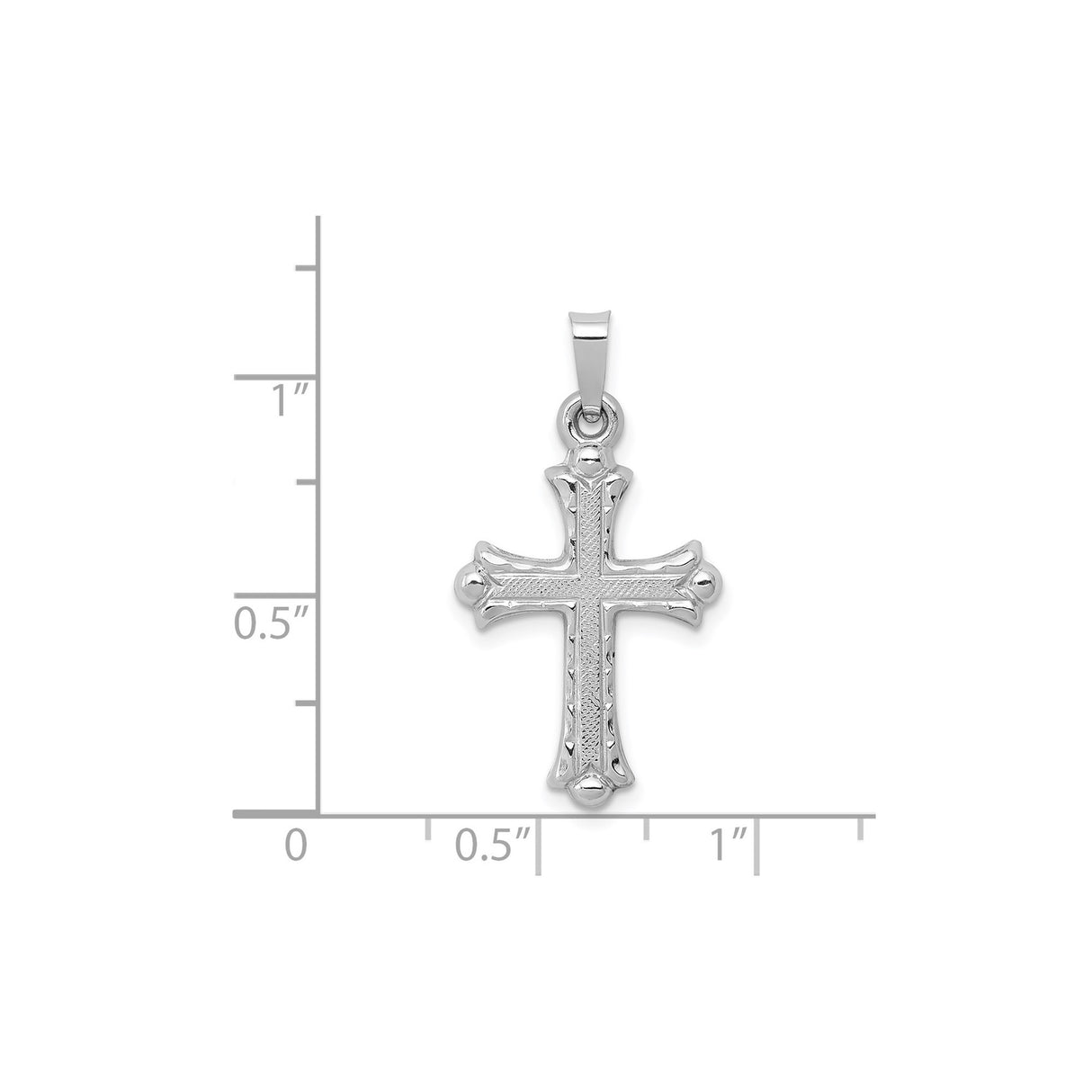 14k White Gold Cross Pendant with Textured Center and Fleur Detailing for Women or Unisex