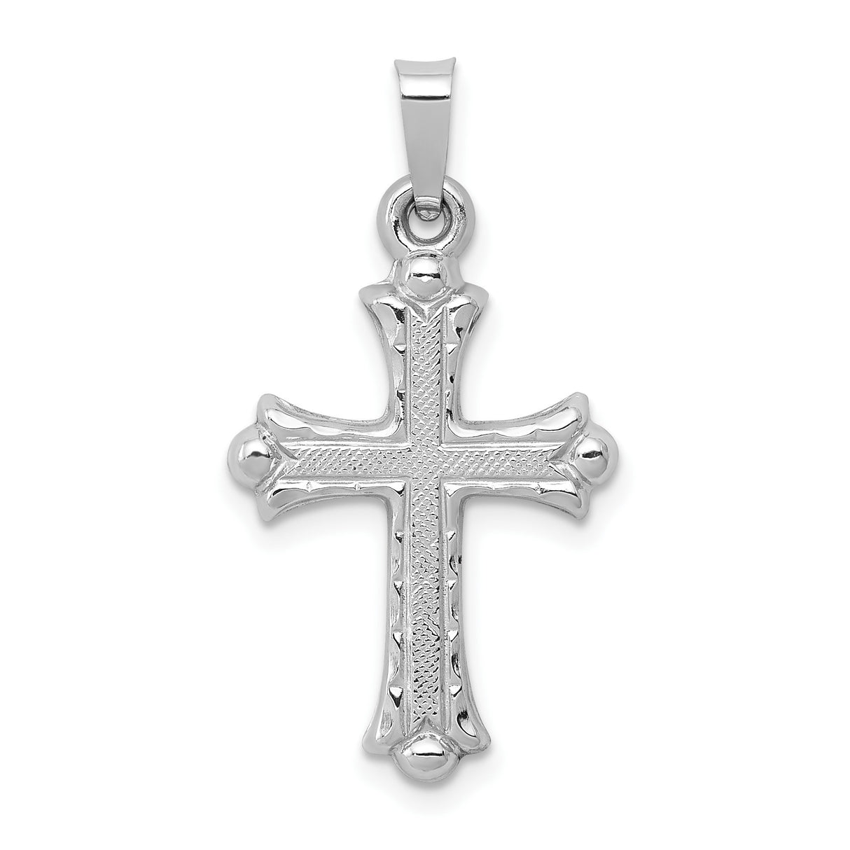 14k White Gold Cross Pendant with Textured Center and Fleur Detailing for Women or Unisex