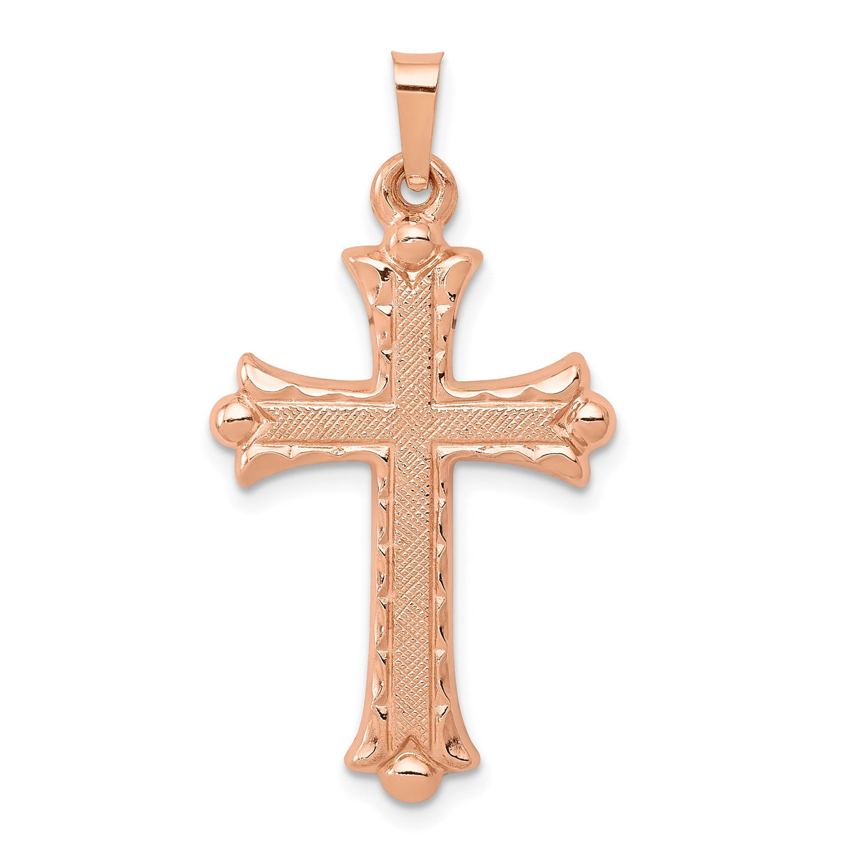 14k Rose Gold Cross Pendant with Textured Patonce Design and Ornate Budded Edges
