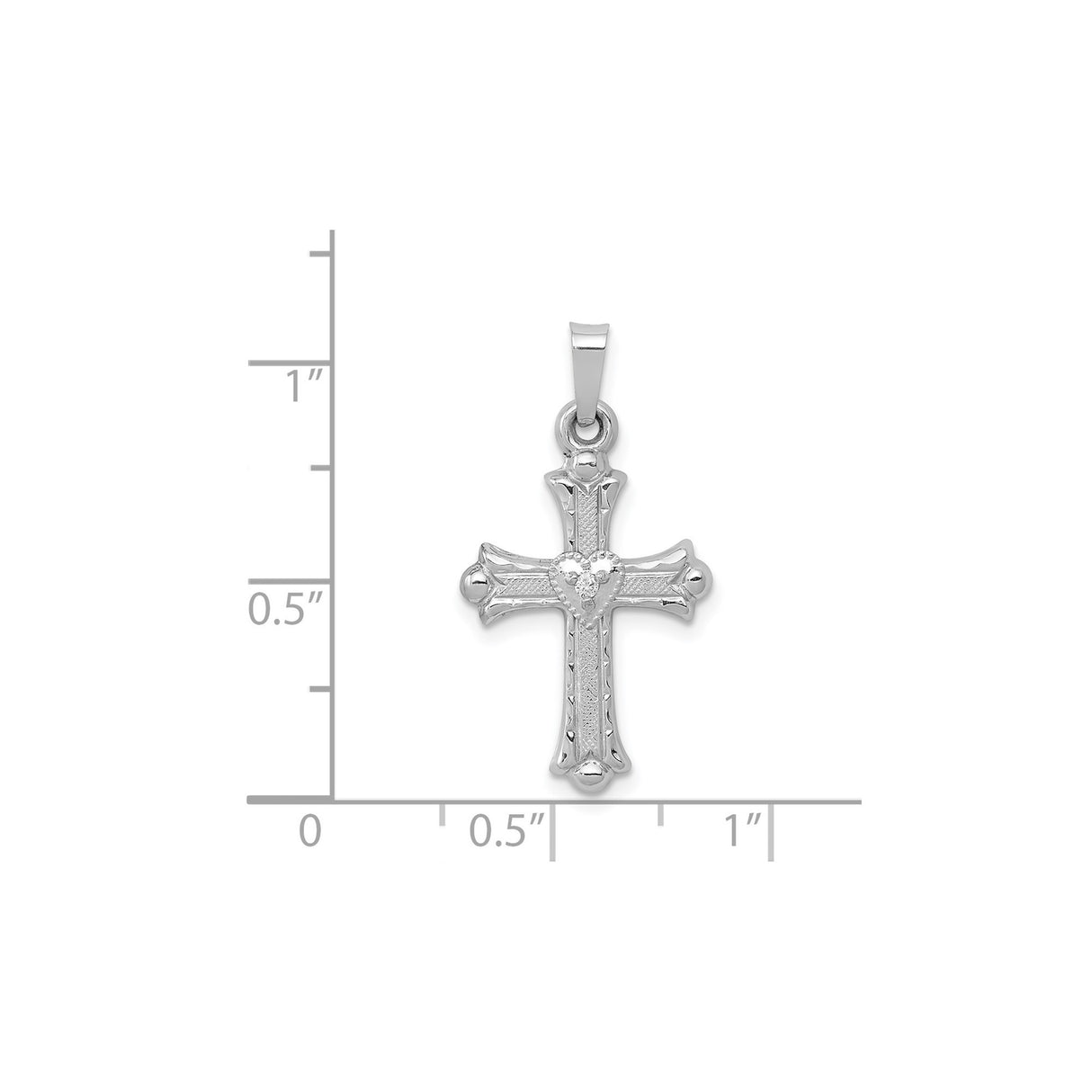 14k White Gold Cross Pendant with Diamond Heart, Fleur de Lis, Christian Jewelry for Women