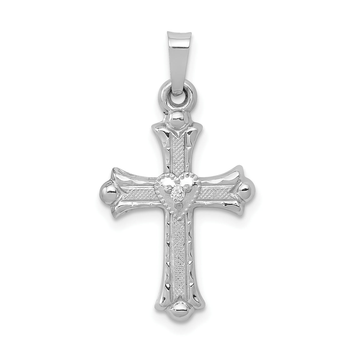 14k White Gold Cross Pendant with Diamond Heart, Fleur de Lis, Christian Jewelry for Women