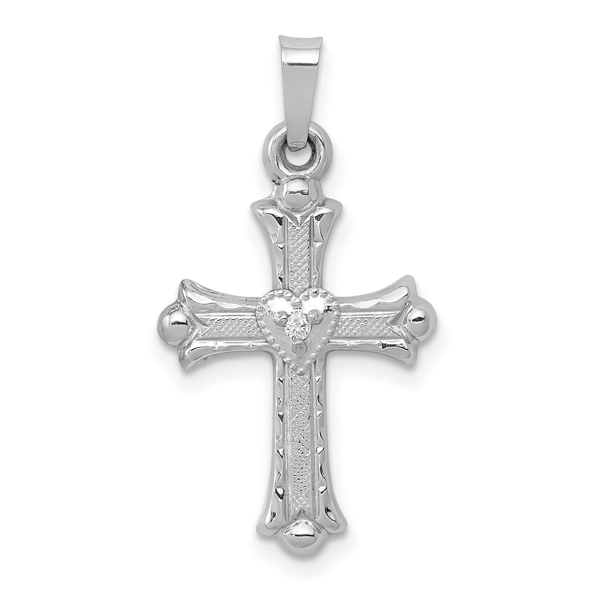 Diamond Textured and Polished Fleur de lis Cross Charm Pendant in Real 14k White Gold