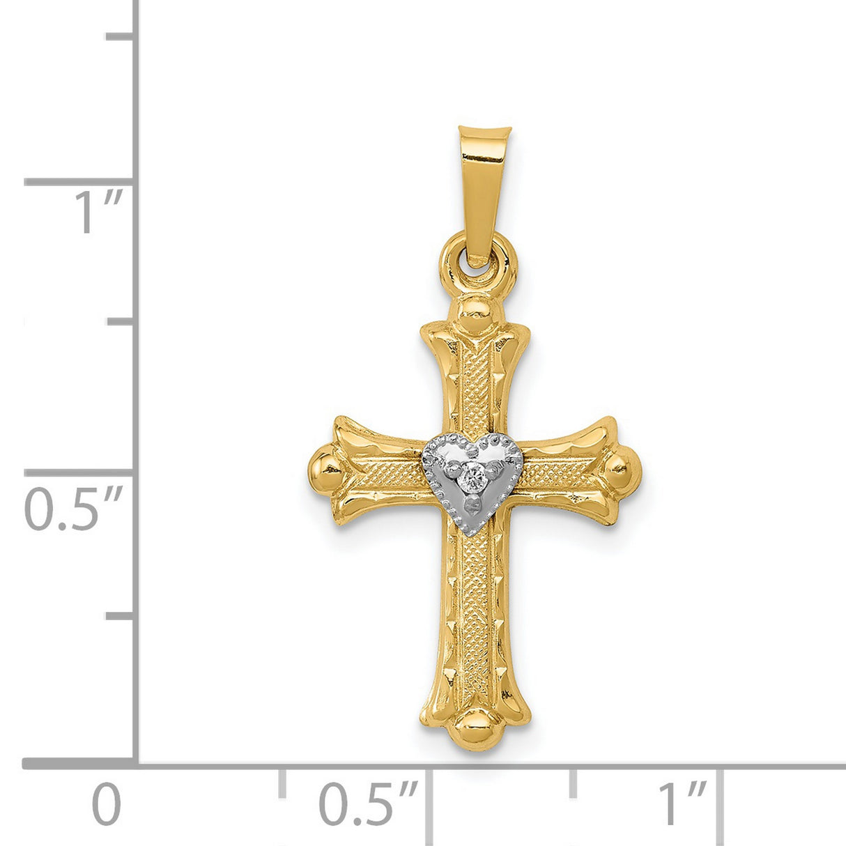 Diamond Textured Brushed and Polished Fleur de lis Cross Charm Pendant in Real 14k Multi-Tone Gold