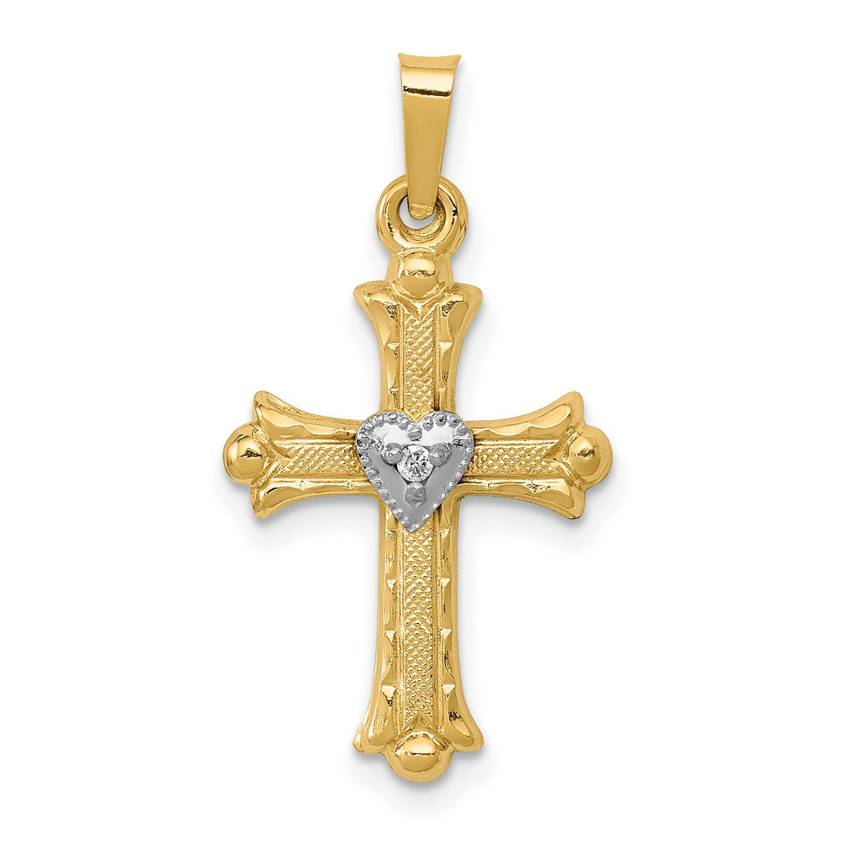 Diamond Textured Brushed and Polished Fleur de lis Cross Charm Pendant in Real 14k Multi-Tone Gold