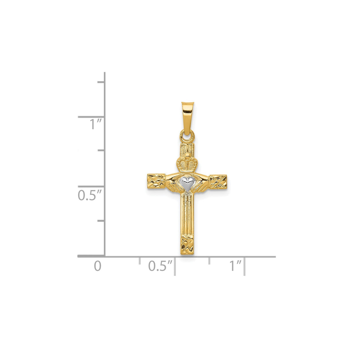 14k Yellow Gold and Rhodium Claddagh Cross Pendant with Celtic Heart and Crown Design