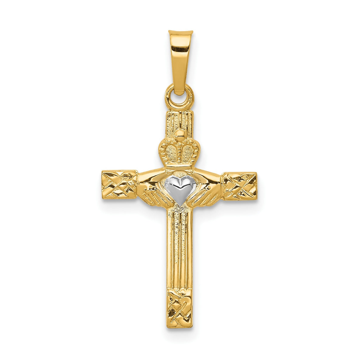 14k Yellow Gold and Rhodium Claddagh Cross Pendant with Celtic Heart and Crown Design
