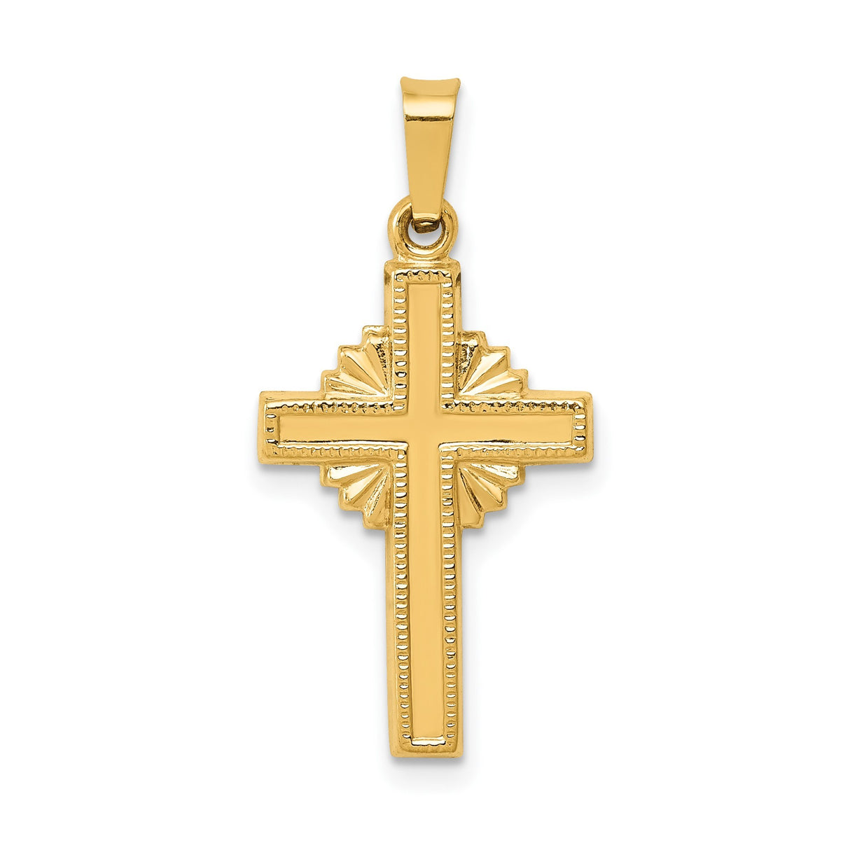 14k Yellow Gold Cross Pendant with Sunburst Center and Textured Border, Religious Charm