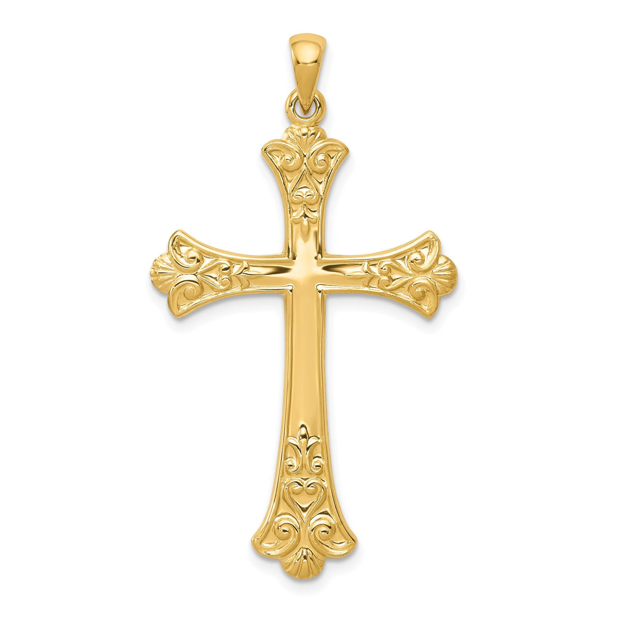14k Yellow Gold Cross Pendant with Floral Scroll Design, Christian Religious Charm for Women