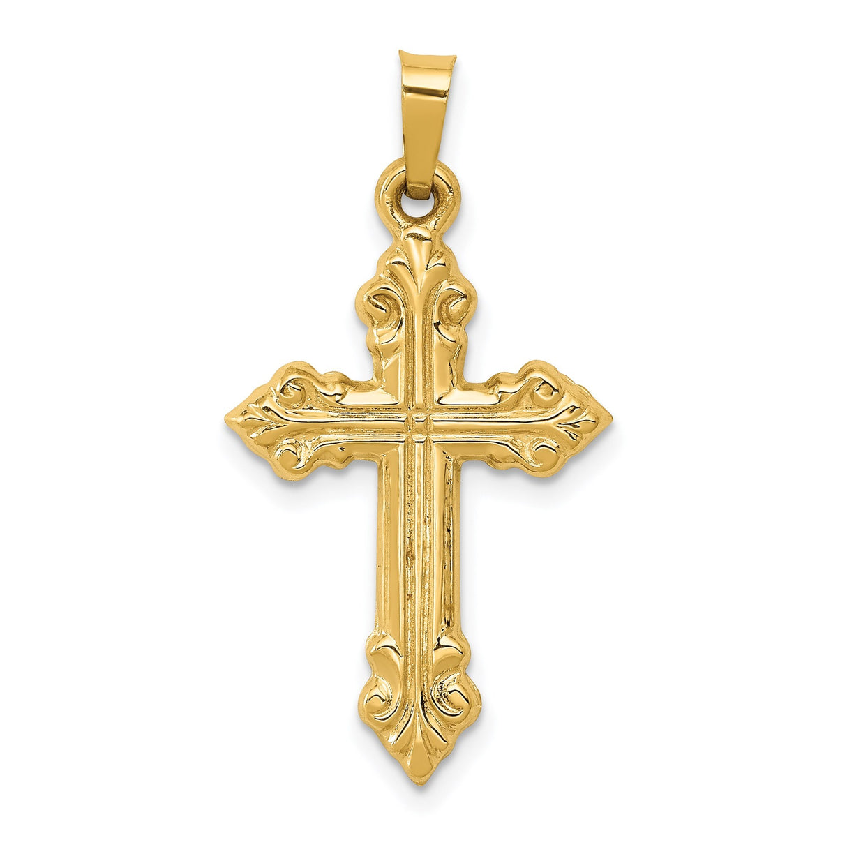 14k Yellow Gold Cross Pendant with Ornate Scroll Detailing, Catholic Religious Jewelry for Women or Unisex Wear