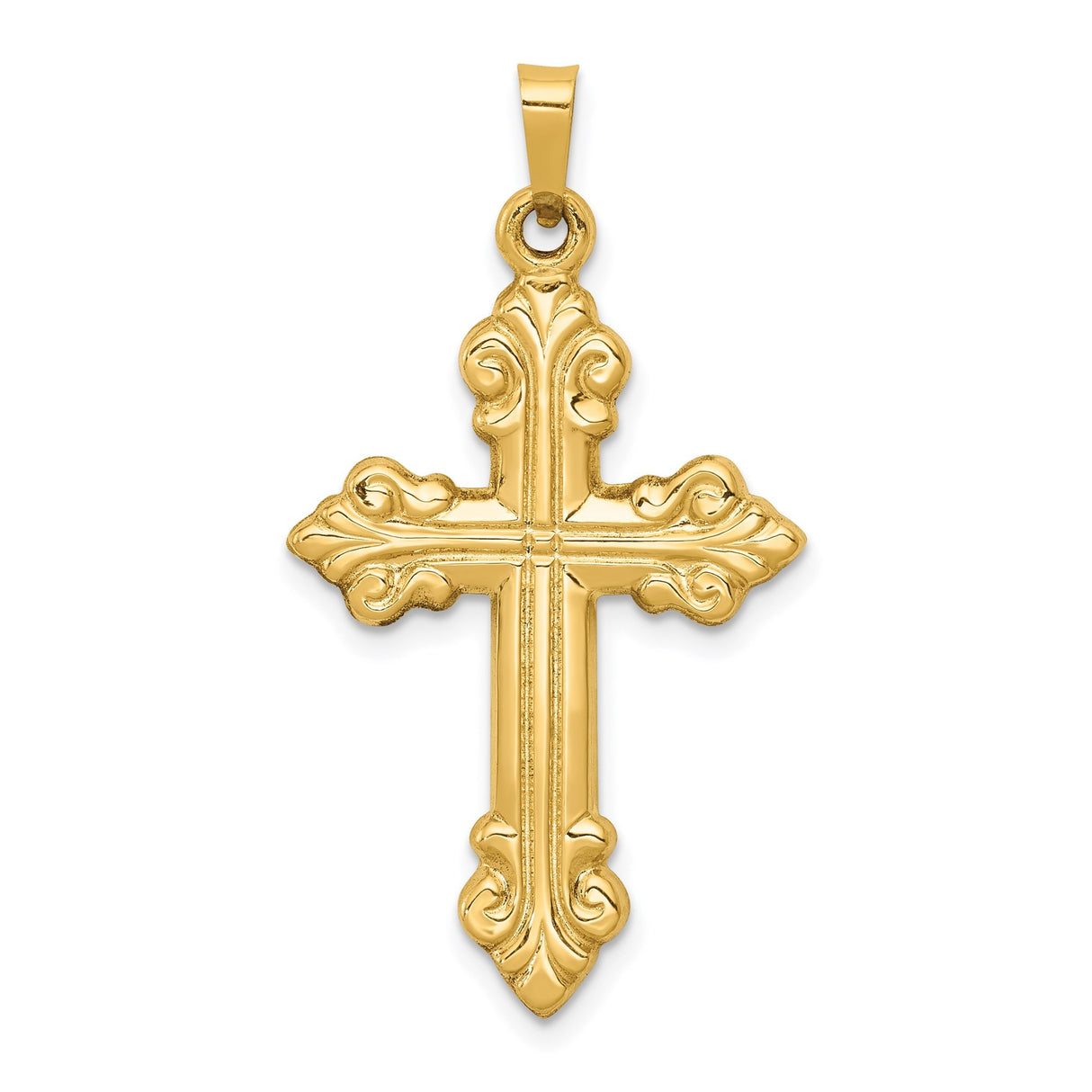 14k Yellow Gold Cross Pendant with Intricate Scrollwork Design, Christian Religious Charm for Women