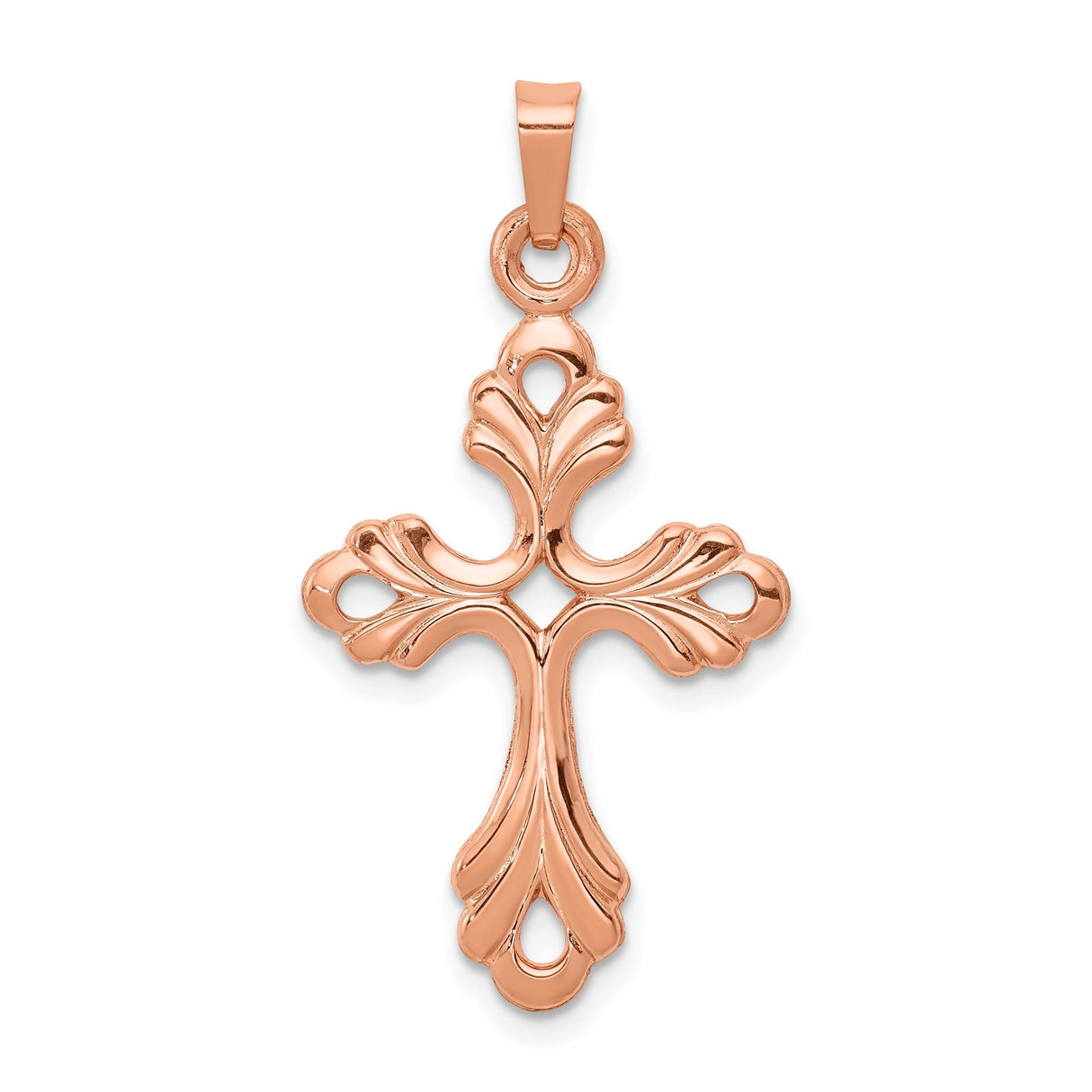 14k Rose Gold Cross Pendant with Ornate Fleur de Lis Design for Women