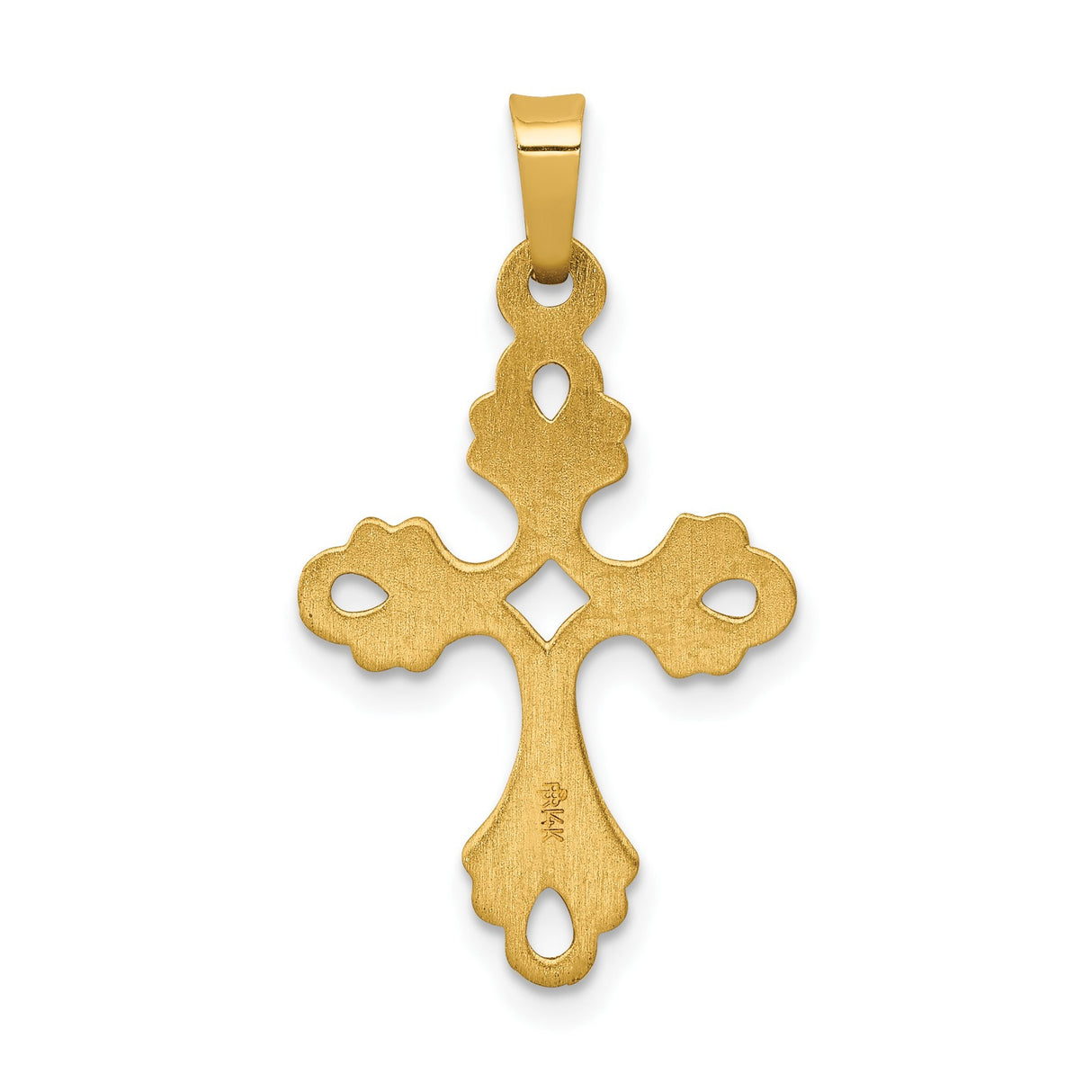 14k Yellow Gold Filigree Cross Pendant with Fleur Design, Ornate Catholic Charm for Women