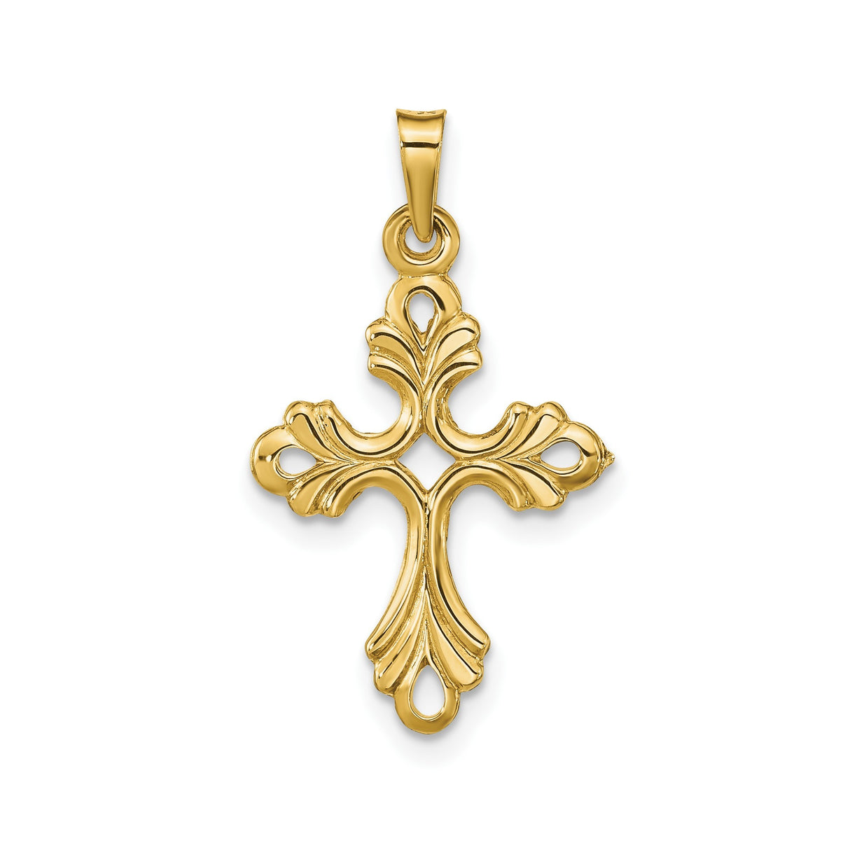14k Yellow Gold Filigree Cross Pendant with Fleur Design, Ornate Catholic Charm for Women