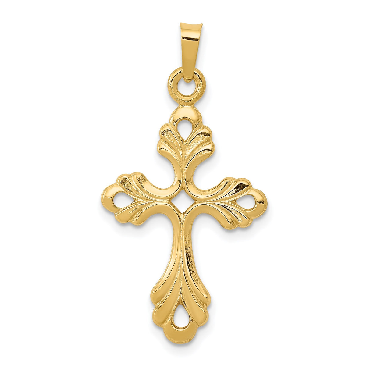 14k Yellow Gold Cross Pendant with Fleur-de-Lis Detailing, Christian Religious Jewelry for Women
