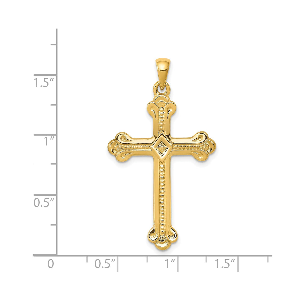14k Yellow Gold Budded Cross Pendant with Diamond Accent, Ornate Christian Design