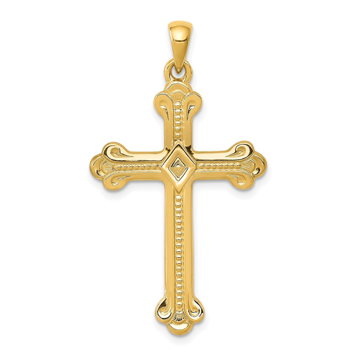 14k Yellow Gold Budded Cross Pendant with Diamond Accent, Ornate Christian Design