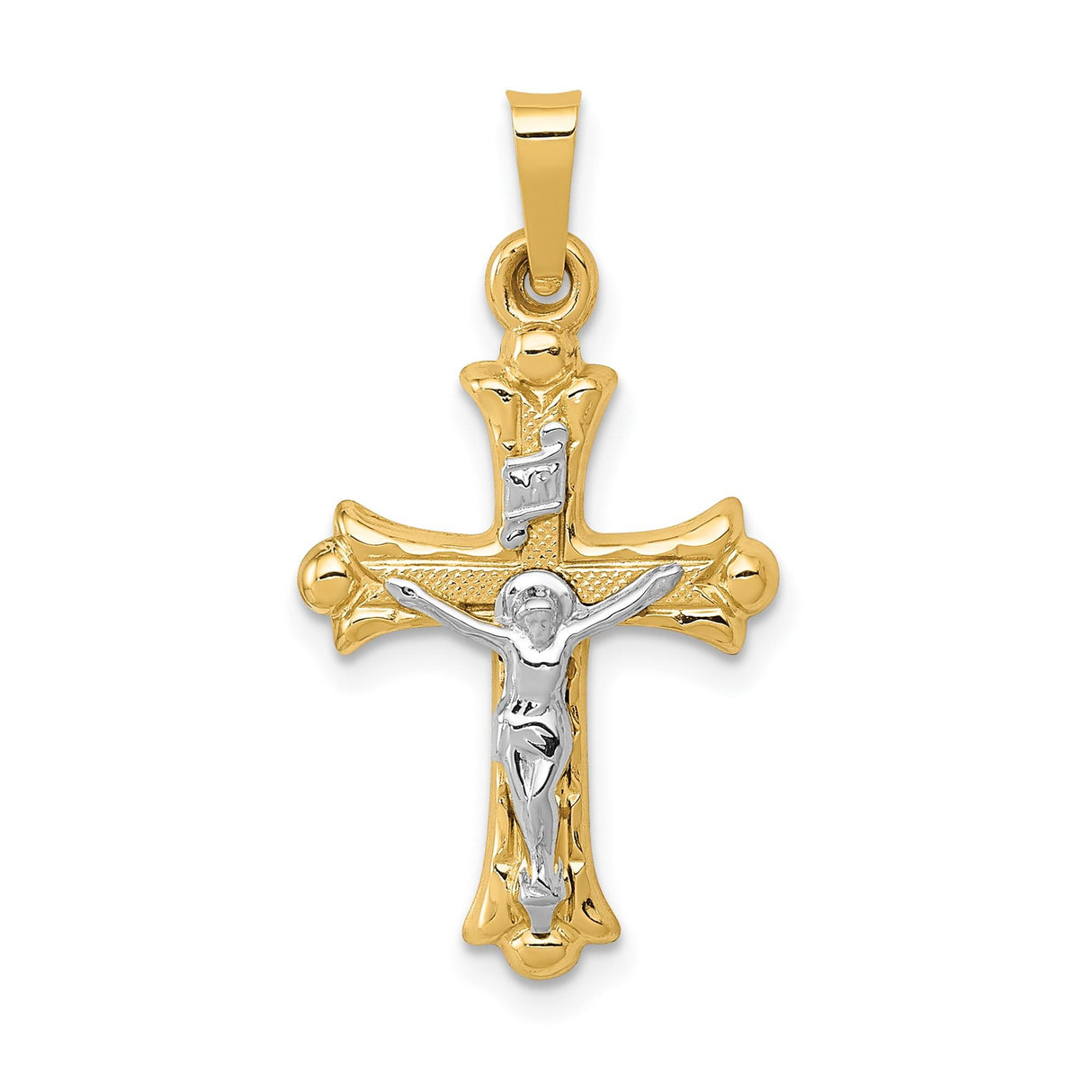 14k Multi-Tone Gold Crucifix Cross Pendant with INRI Fleur de Lis Design for Men and Women