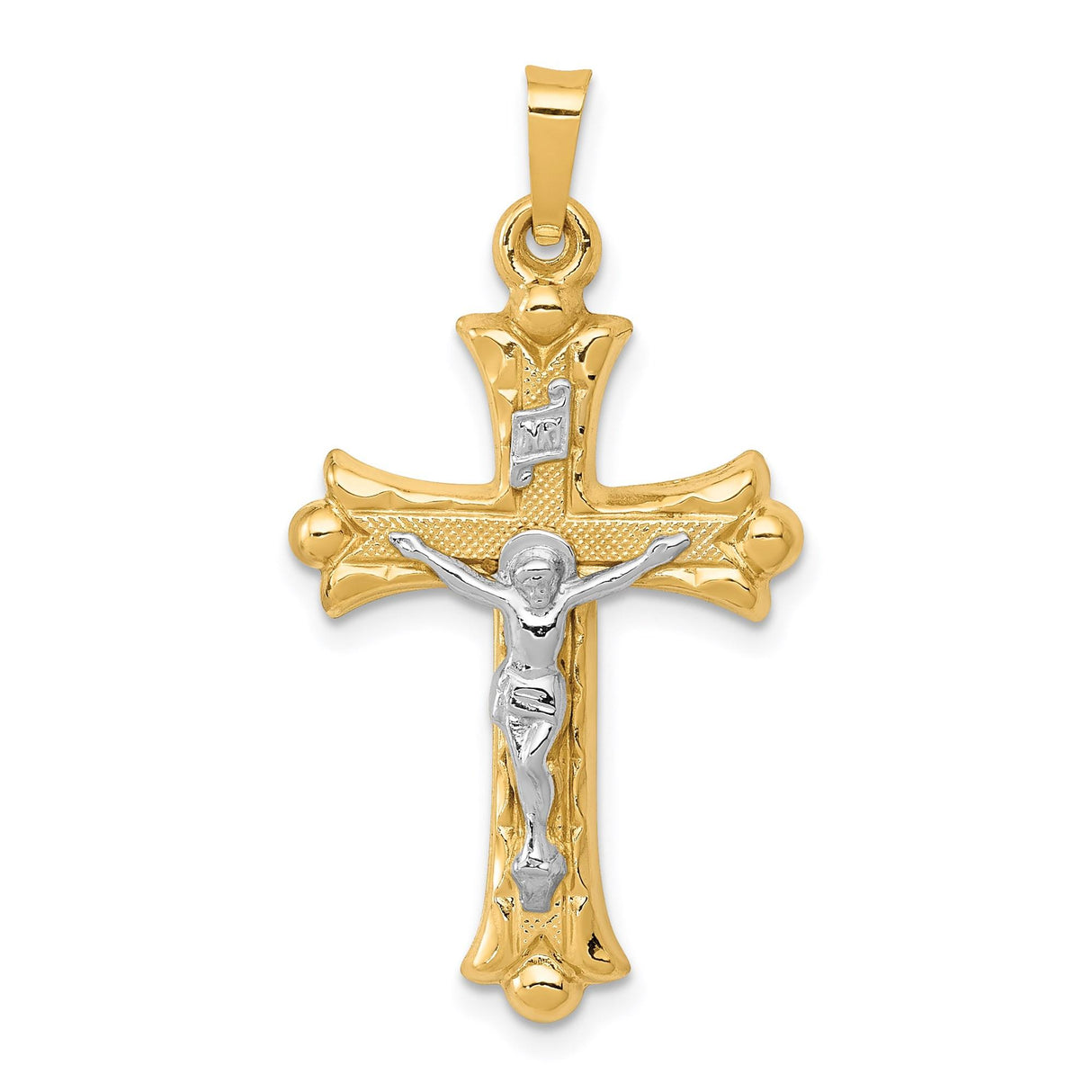 14k Multi-Tone Gold Crucifix Pendant with Fleur de Lis Cross INRI Detail