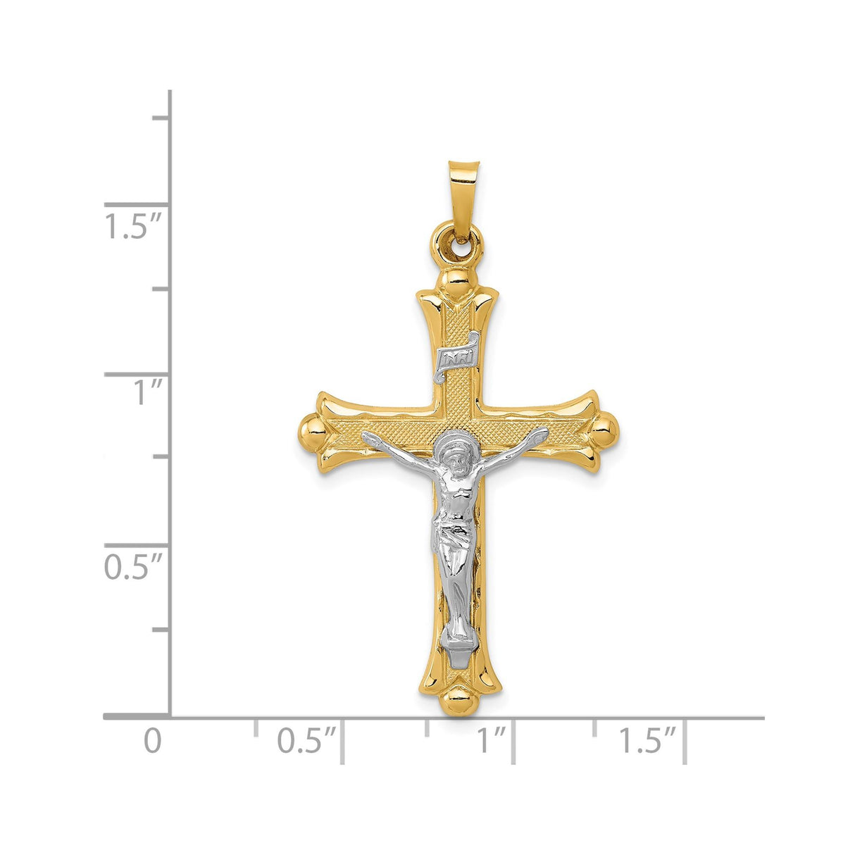 14k Multi-Tone Gold Crucifix Cross Pendant with INRI and Fleur de Lis Detailing